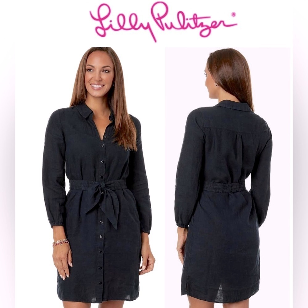 Lilly Pulitzer Bethanne Knee Length Dress, buttondown, black, pockets, size 2